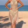 Scalloped Tassels Backless Crochet Knitted Tunic Beach Cover Up Cover-ups Beach Dress Beach Wear Beachwear Female Women V8337