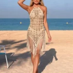 Scalloped Tassels Backless Crochet Knitted Tunic Beach Cover Up Cover-ups Beach Dress Beach Wear Beachwear Female Women V8337