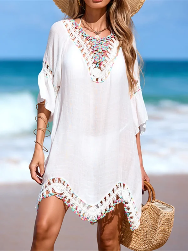 Sbdf943b592034996833c95a5175b58177.webp Beach Wear Beachwear Female Women Colorful Half Sleeve Backless Crochet Knitted Tunic Beach Cover Up Cover-ups Beach Dress V7537