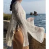 Scad7122665c546cbae89ff16e236daf1O.webp Pure Color Hollow Out Side Slit Top,Casual Loose Fit Long Sleeve Beach Cover-Up,Vacation Style,Plain Pattern,Fashion Beachwear