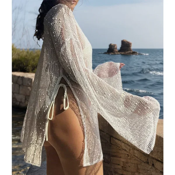 Scad7122665c546cbae89ff16e236daf1O.webp Pure Color Hollow Out Side Slit Top,Casual Loose Fit Long Sleeve Beach Cover-Up,Vacation Style,Plain Pattern,Fashion Beachwear