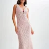 Solid Color Hollow Knitted Beach Vacation Dress Elegant Sleeveless Skinny Cover-up Dress Women Sexy Perspective Swimwear Dress