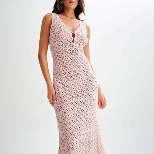 Solid Color Hollow Knitted Beach Vacation Dress Elegant Sleeveless Skinny Cover-up Dress Women Sexy Perspective Swimwear Dress