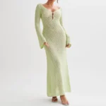 Scd27d5280b104de4bcf48f8451cf376aF-1.webp Yiiciovy Sexy Women Long Knit Beach Dress Hollow-Out Deep V-Neck Long Sleeve Bikini Cover-Ups Dress Fall Backless Holiday Dress