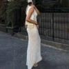 Solid Color Hollow Knitted Beach Vacation Dress Elegant Sleeveless Skinny Cover-up Dress Women Sexy Perspective Swimwear Dress