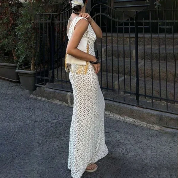 Solid Color Hollow Knitted Beach Vacation Dress Elegant Sleeveless Skinny Cover-up Dress Women Sexy Perspective Swimwear Dress
