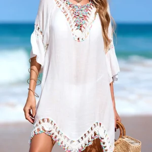 Sd1b5ea87af9a42ea92fb07cb4f8c8d09m.webp Beach Wear Beachwear Female Women Colorful Half Sleeve Backless Crochet Knitted Tunic Beach Cover Up Cover-ups Beach Dress V7537