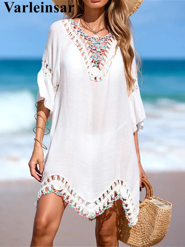 Sd1b5ea87af9a42ea92fb07cb4f8c8d09m.webp Beach Wear Beachwear Female Women Colorful Half Sleeve Backless Crochet Knitted Tunic Beach Cover Up Cover-ups Beach Dress V7537