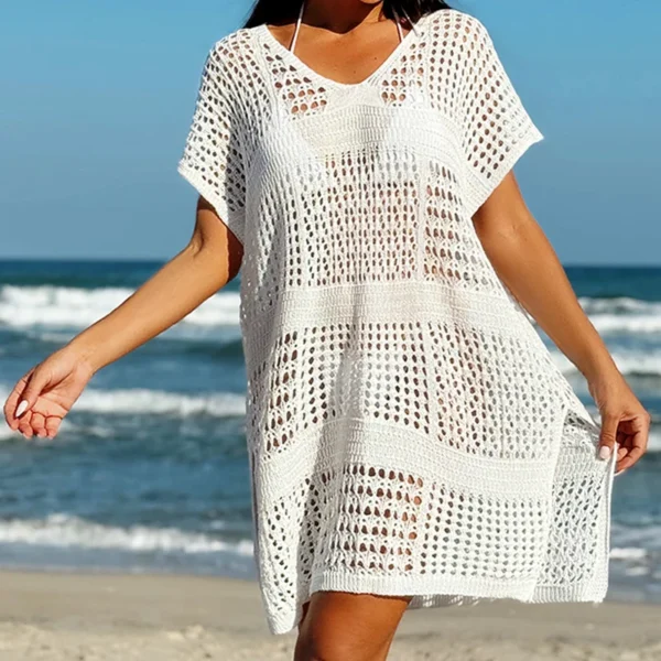 Sd5f8864b913c431d88a47bd28215cfa6K.webp Knitting V-Neck Sexy Hollow Out Beach Bikini Cover-Ups Ladies Summer Vacation Casual Loose Beachwear Sunscreen Smock