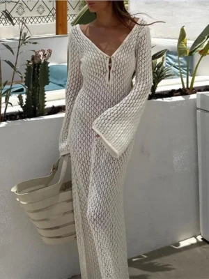 Sdbf11314a918409494abda547284816bS.webp Yiiciovy Sexy Women Long Knit Beach Dress Hollow-Out Deep V-Neck Long Sleeve Bikini Cover-Ups Dress Fall Backless Holiday Dress
