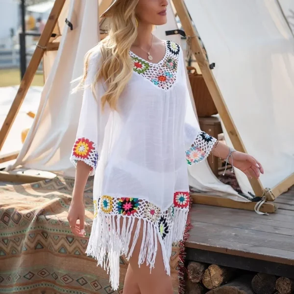 Se083dbe62a824715b22d4df0d102b9c35.webp Fashion Fringe Trim Bikini Cover Up V-Neck Hollow Design Beach Cover-Up Crochet Pattern Bathing Suit Cover for Women