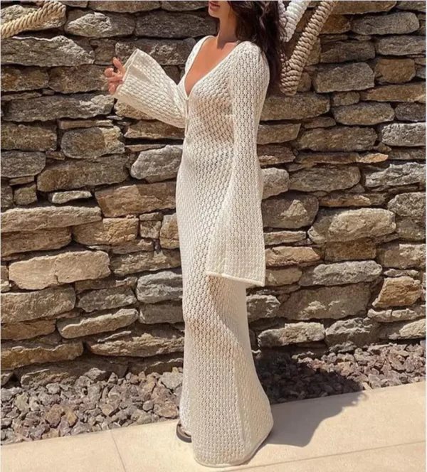 Se0ca84ec42854a34987d09d92ed0efea4.webp Yiiciovy Sexy Women Long Knit Beach Dress Hollow-Out Deep V-Neck Long Sleeve Bikini Cover-Ups Dress Fall Backless Holiday Dress