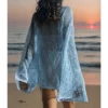 Se7661dfef3634b289fe6ccdedfcdec949.webp Pure Color Hollow Out Side Slit Top,Casual Loose Fit Long Sleeve Beach Cover-Up,Vacation Style,Plain Pattern,Fashion Beachwear