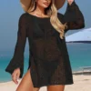 Se81b4c02123b4b57ad2c2f81e5ef4f8bK.webp Pure Color Hollow Out Side Slit Top,Casual Loose Fit Long Sleeve Beach Cover-Up,Vacation Style,Plain Pattern,Fashion Beachwear