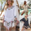 Sf0a3a31eadf049cabbf2665df0f64923y.webp Fashion Fringe Trim Bikini Cover Up V-Neck Hollow Design Beach Cover-Up Crochet Pattern Bathing Suit Cover for Women
