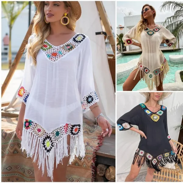 Sf0a3a31eadf049cabbf2665df0f64923y.webp Fashion Fringe Trim Bikini Cover Up V-Neck Hollow Design Beach Cover-Up Crochet Pattern Bathing Suit Cover for Women