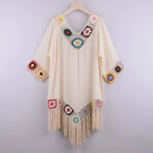 Fashion Fringe Trim Bikini Cover Up V-Neck Hollow Design Beach Cover-Up Crochet Pattern Bathing Suit Cover for Women