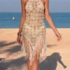 Scalloped Tassels Backless Crochet Knitted Tunic Beach Cover Up Cover-ups Beach Dress Beach Wear Beachwear Female Women V8337