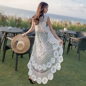 Sfab185badb0b459eb8642ced2831c8ce8.webp Crochet Beach Dress Lace Women Summer Seaside Bikini Cover Up Oversize Sexy Sleeveless Hollow Out Front Short Back Long