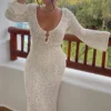 Sfb3adfe87bb3425784eb14de8e46ae96O.webp Yiiciovy Sexy Women Long Knit Beach Dress Hollow-Out Deep V-Neck Long Sleeve Bikini Cover-Ups Dress Fall Backless Holiday Dress