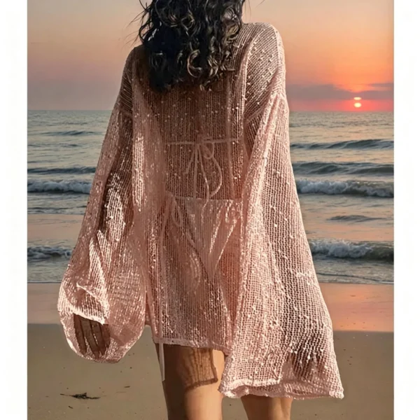 Sffd9afbb952d4617abf61f84c1565222i.webp Pure Color Hollow Out Side Slit Top,Casual Loose Fit Long Sleeve Beach Cover-Up,Vacation Style,Plain Pattern,Fashion Beachwear