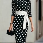 c09df623-4859-45eb-9684-22540c3757b3-1.jpg Women Elegant Black White Polka Dot Midi Dress With Waist Belt Three-Quarter Sleeve O Neck Pencil Bodycon Formal Work Office Party Dress