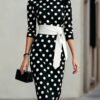 Women Elegant Black White Polka Dot Midi Dress With Waist Belt Three-Quarter Sleeve O Neck Pencil Bodycon Formal Work Office Party Dress