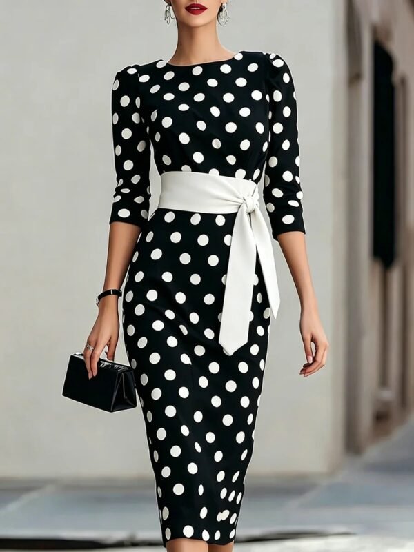 Women Elegant Black White Polka Dot Midi Dress With Waist Belt Three-Quarter Sleeve O Neck Pencil Bodycon Formal Work Office Party Dress