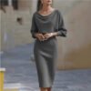 c645f638-fd10-45f3-ac58-152cab3bf417.jpg Pleated Batwing Sleeve Midi Dress - Women's Fashionable A-Line Casual Daywear