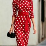 d098f205-b788-4dd9-b3a5-51e8a00fe91f-1.jpg Women Elegant Black White Polka Dot Midi Dress With Waist Belt Three-Quarter Sleeve O Neck Pencil Bodycon Formal Work Office Party Dress