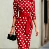 Women Elegant Black White Polka Dot Midi Dress With Waist Belt Three-Quarter Sleeve O Neck Pencil Bodycon Formal Work Office Party Dress