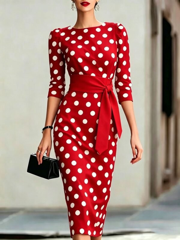 Women Elegant Black White Polka Dot Midi Dress With Waist Belt Three-Quarter Sleeve O Neck Pencil Bodycon Formal Work Office Party Dress