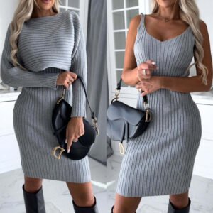 e3a4b28b-ad95-46c6-83c5-eb6dbd61549c.jpg 2pcs Suit Women's Solid Stripe Long-sleeved Top And Tight Suspender Skirt Fashion Autumn Winter Slim Clothing
