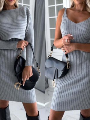 e3a4b28b-ad95-46c6-83c5-eb6dbd61549c.jpg 2pcs Suit Women's Solid Stripe Long-sleeved Top And Tight Suspender Skirt Fashion Autumn Winter Slim Clothing