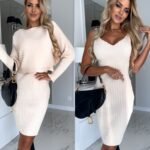 e84b905f-551f-40ae-8ec0-8fb237679178-1.jpg 2pcs Suit Women's Solid Stripe Long-sleeved Top And Tight Suspender Skirt Fashion Autumn Winter Slim Clothing
