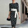 Women Elegant Black White Polka Dot Midi Dress With Waist Belt Three-Quarter Sleeve O Neck Pencil Bodycon Formal Work Office Party Dress
