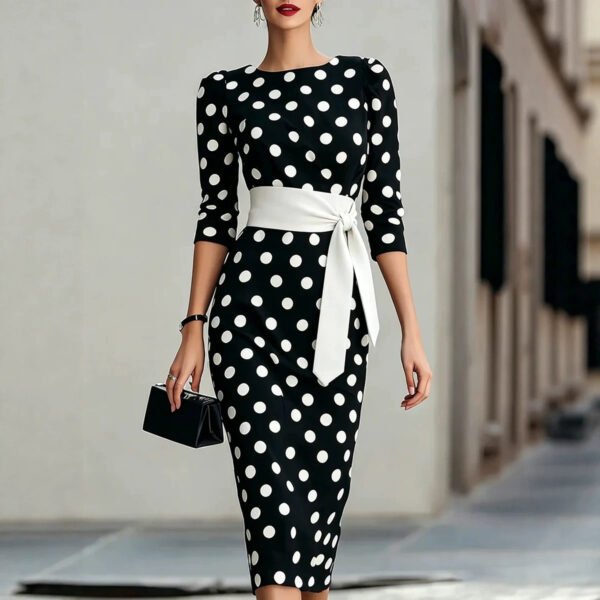 Women Elegant Black White Polka Dot Midi Dress With Waist Belt Three-Quarter Sleeve O Neck Pencil Bodycon Formal Work Office Party Dress