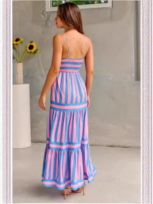 f477d087-192d-4224-972e-6086ac7523b2.jpg Summer Striped Printed Suspender Long Dress With Pockets Fashion Square Neck Backless Dresses For Beach Vacation Women Clothing