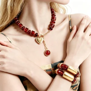 Women's Amber Tone Beaded Jewelry Set with Gold Tone Charms - Statement Necklace And Stackable Bracelets for Everyday Use