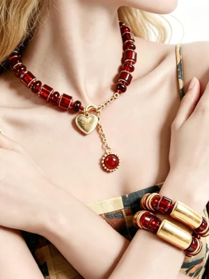 S1200c05a231b489dbdd04e5330b4a3cbt.webp Women's Amber Tone Beaded Jewelry Set with Gold Tone Charms - Statement Necklace And Stackable Bracelets for Everyday Use