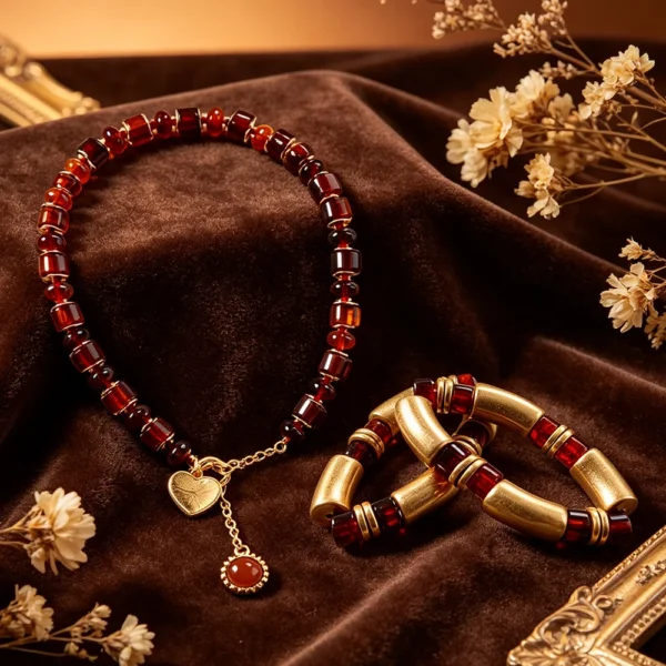 Women's Amber Tone Beaded Jewelry Set with Gold Tone Charms - Statement Necklace And Stackable Bracelets for Everyday Use