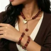 Women's Amber Tone Beaded Jewelry Set with Gold Tone Charms - Statement Necklace And Stackable Bracelets for Everyday Use