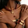 Women's Amber Tone Beaded Jewelry Set with Gold Tone Charms - Statement Necklace And Stackable Bracelets for Everyday Use