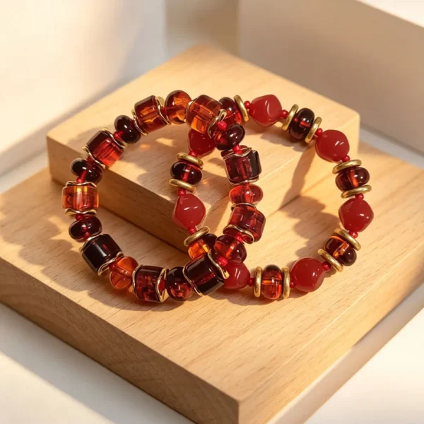 Women's Amber Tone Beaded Jewelry Set with Gold Tone Charms - Statement Necklace And Stackable Bracelets for Everyday Use